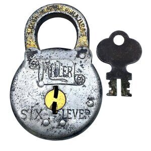 Miller Six Lever Padlock With Key Made In USA Vintage Antique Collectible Lock